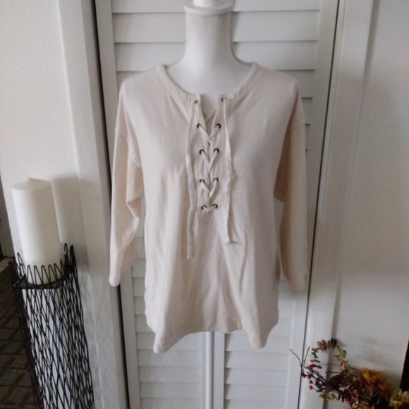 MADEWELL Cream 3/4 Sleeve Cotton-Blend Women's Libra Lace-Up Tee‎ Size M - Picture 2 of 10